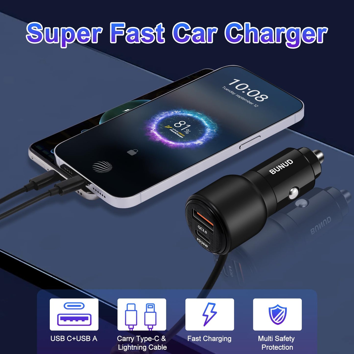 BUNUD Car Charger USB C Fast Charging: 66W USBC & USB-A Dual Ports Cigarette Lighter - USB Car Adapter with Build-in 5FT Coiled Lightning Cable