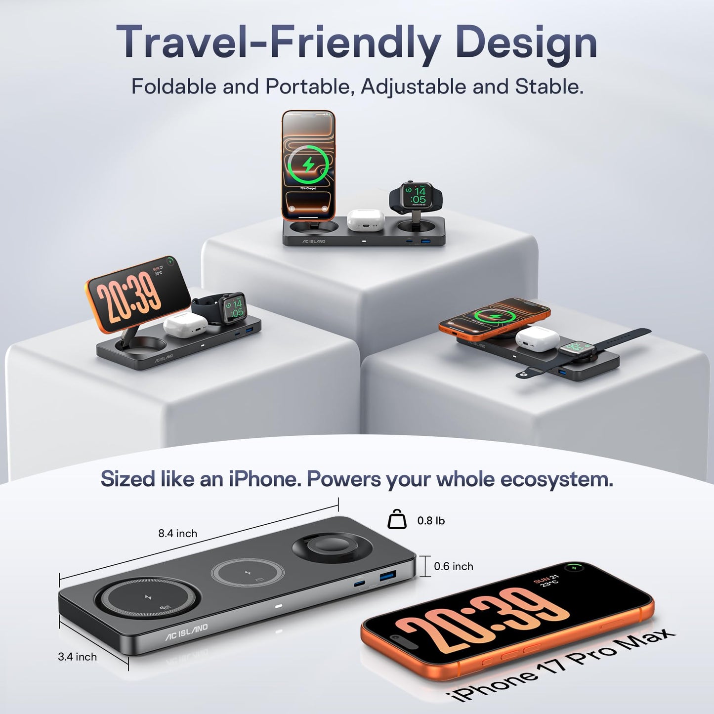 AC ISLAND 5-in-1 Qi2.2 Wireless Charger for MagSafe, 25W Foldable Magnetic Stand, Travel Charging Station for iPhone 17-12 & Air Series, Apple Watch