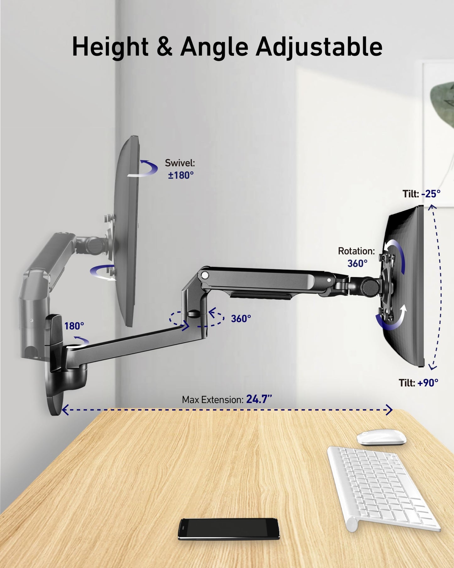 Ergounion Monitor Wall Mount for Flat or Curved Screens up to 38" Within 25 lbs, Full Motion Adjustable Monitor Arm Wall Mount with Cable Management