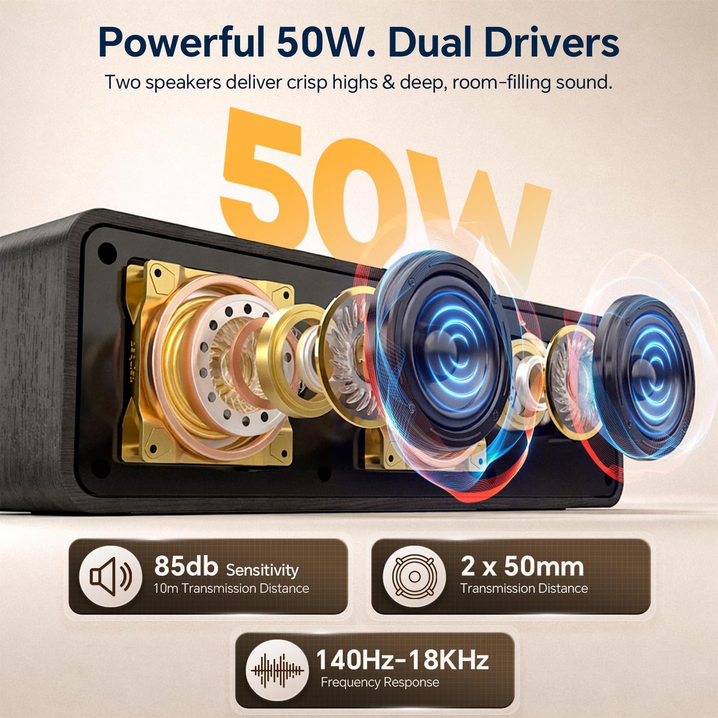 FULMINARE Portable Bluetooth Speaker for Home, Wooden Housing, 50W Deep Bass Stereo Sound, Bluetooth 5.3, 30H Playtime, 4-in-1 Playback, IPX5