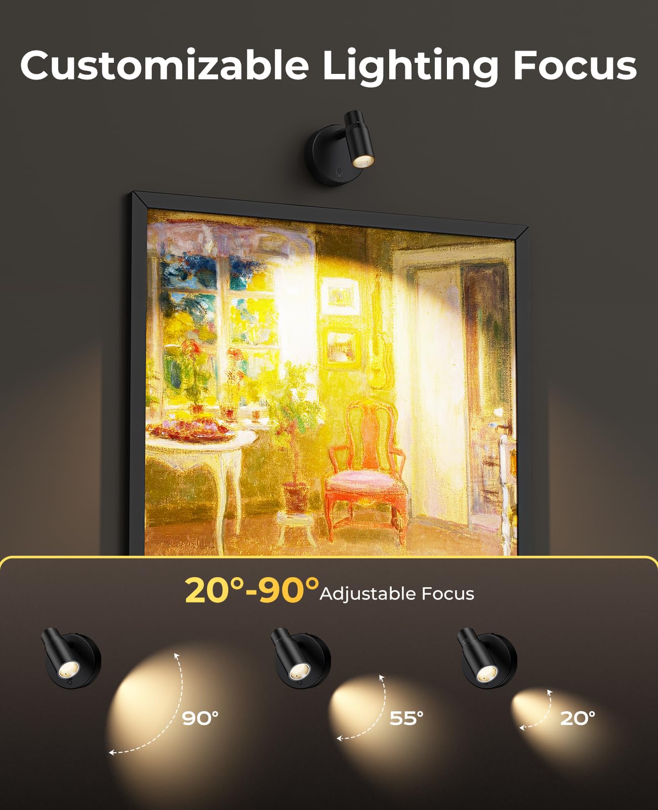 PESUTEN Zoomable Spot Lights Indoor, Rechargeable Picture Light with Remote, Dimmable CCT Spotlight for Wall Art, 6000mAh Uplights with Timer