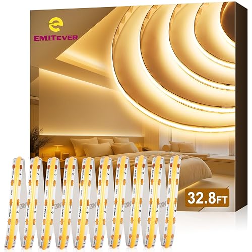 EMITEVER COB LED Strip Lights Warm White 32.8ft, 3000K 24V Dimmable Tape Light Premium High Density, 305LM+/ft, 4800LEDs, Ra 90+, 3W/FT, UL Listed
