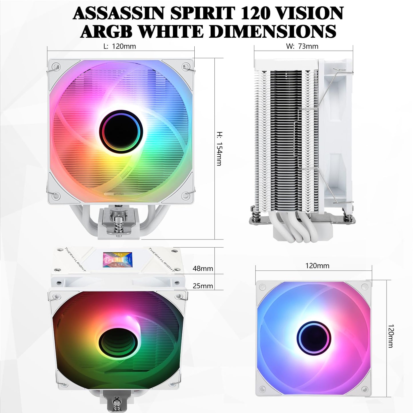 Thermalrlght Assassin Spirit 120 Vision ARGB White CPU Air Cooler,Desktop Heatsink Cooler with 154mm High,PC Display Screen Cooler of 1.54in,240*240