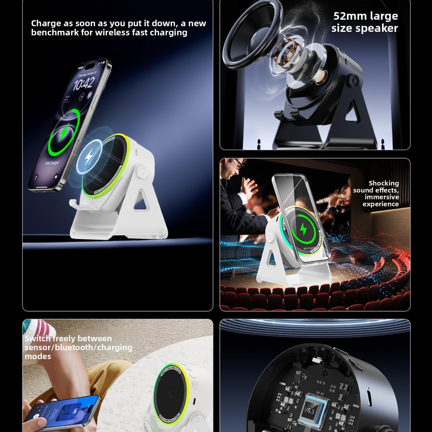 Trailtail Wireless Induction Speaker,Upgraded Wireless Charging,no Need Bluetooth Phone Holder?RGB LED Light,360° Rotation,Dog Paw Cable Protector,HD