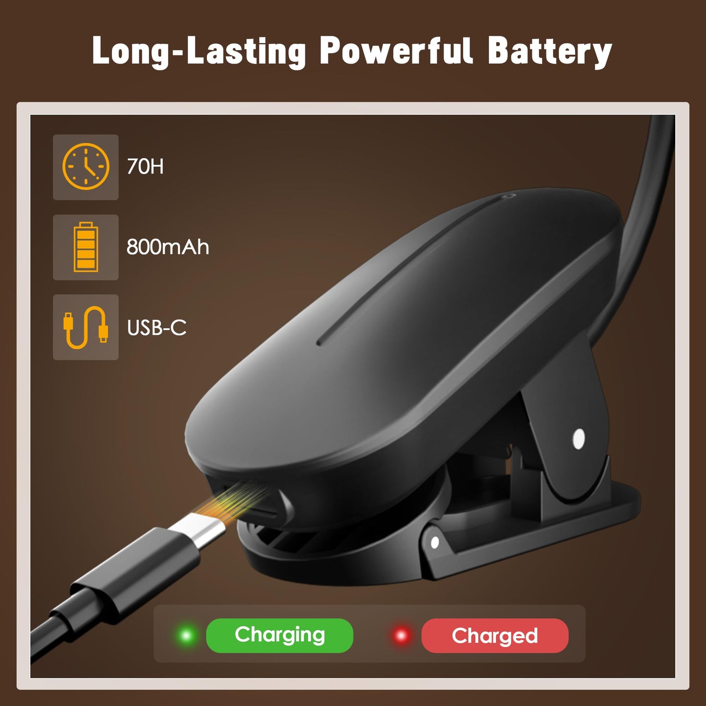 Yollber Clip-On Book Light for Reading at Night -Rechargeable 14 LEDs with 3 Color Modes & Stepless Dimming Brightness, Eye-Care, USB-C Charging
