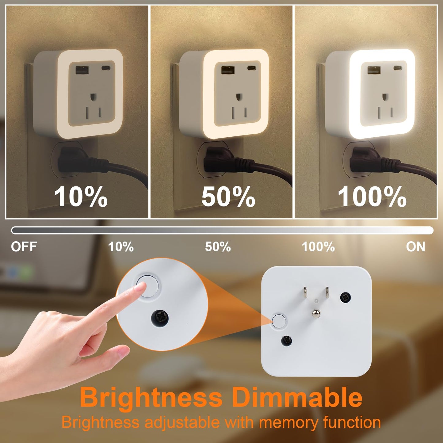 Night Lights Plug Into Wall 2 Pack Rechargeable Battery Backup Light Dusk to Dawn Sensor Night Light with Outlet Expander for Adults Kids Bedroom