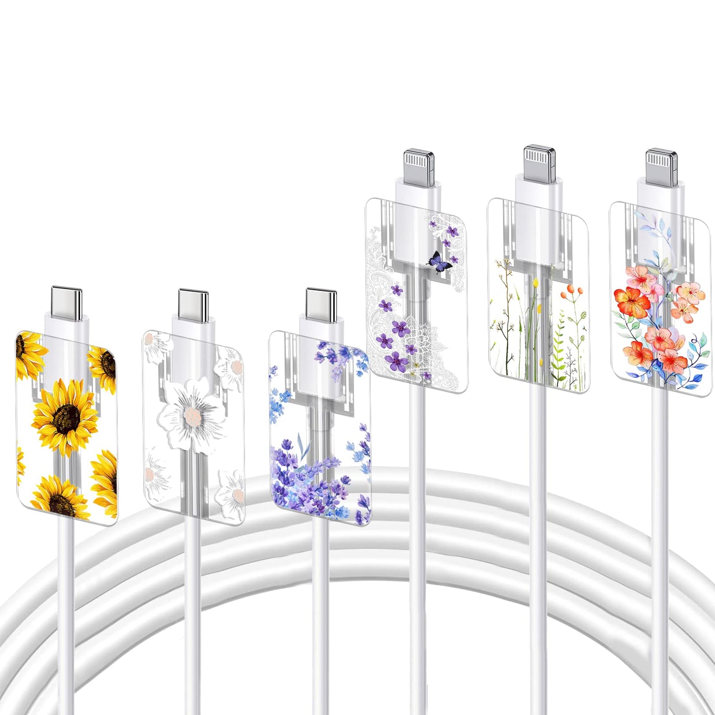 Cute Floral Cable Protector for iPhone Charger Lavender Camellia Sunflower Flower Bouquet Lace Cherry Blossom Pattern 6 pcs Set Cable Protector