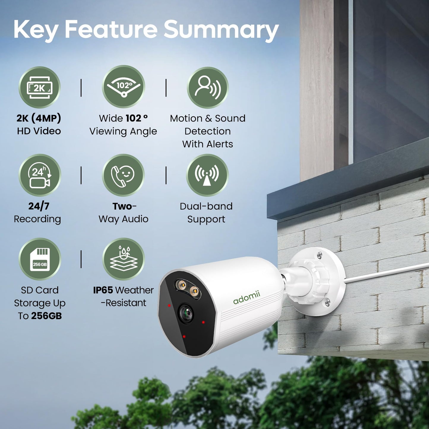 adomii 2K Security Cameras Wireless Outdoor, 33ft Night Vision, IP65 Weatherproof, 2-Way Audio Home Security WiFi Camera Motion Detector for Home