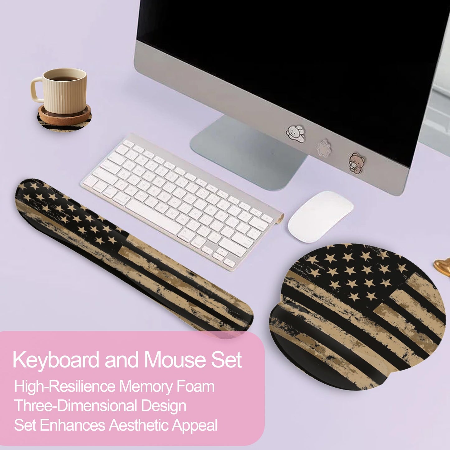 Retro Flag Ergonomic Wrist Support Keyboard Mouse Wrist Rest Set, Computer Office Comfortable Wrist Rest for Mouse Easy Typing