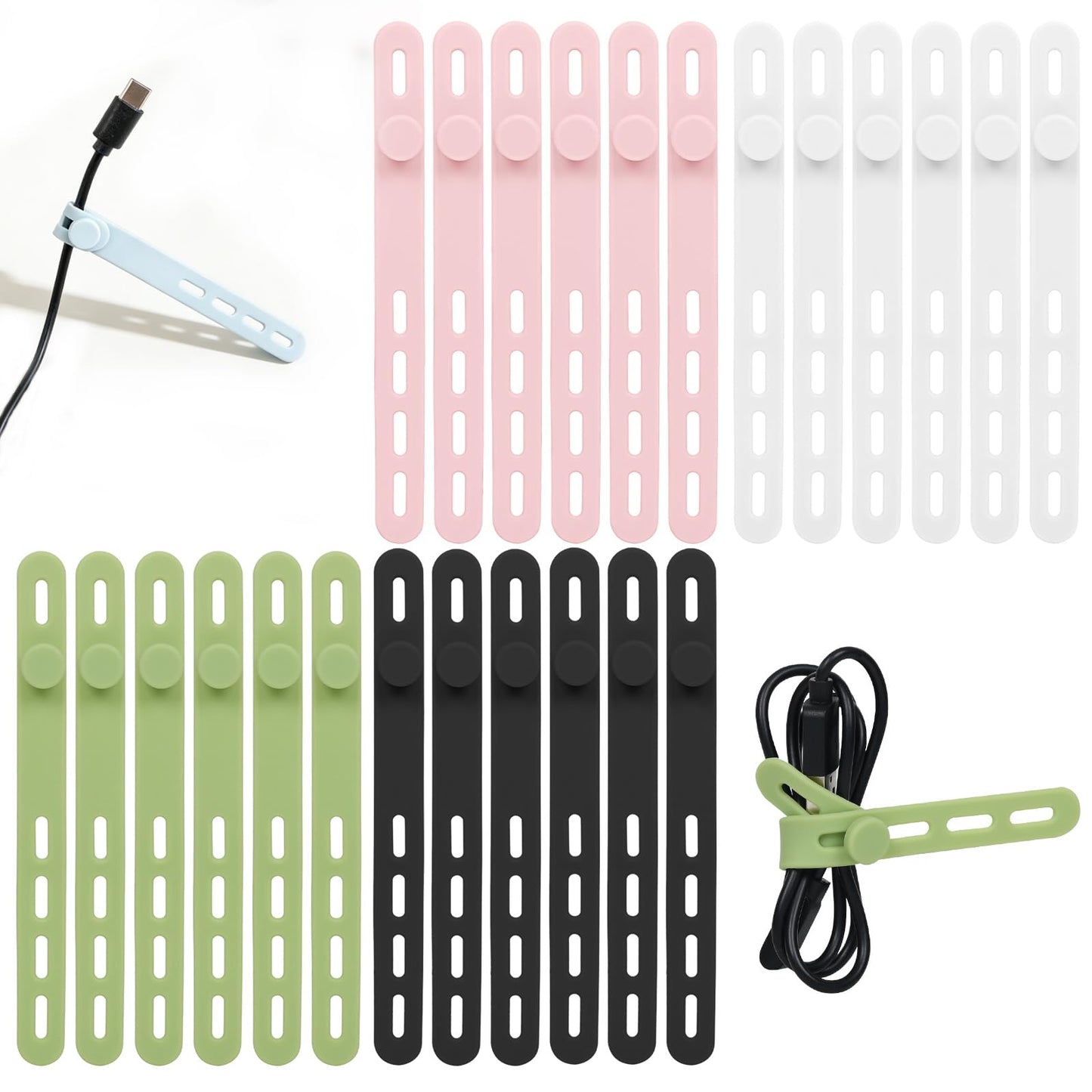 Donruby 24Pcs Silicone Cable Ties - Reusable & Washable with Locking Buckles, Adjustable Fastening Cable Management Straps, Multi-Purpose High