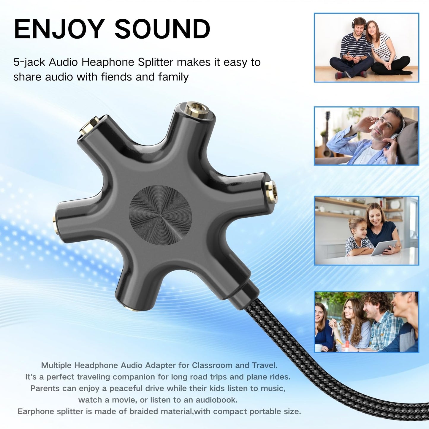 HOSONGIN USB-C Audio Splitter for 5 Headphones - USB C to 3.5mm Hi-Res DAC Adapter for MacBook, iPad Pro, Galaxy S24, Pixel - Travel, Classroom
