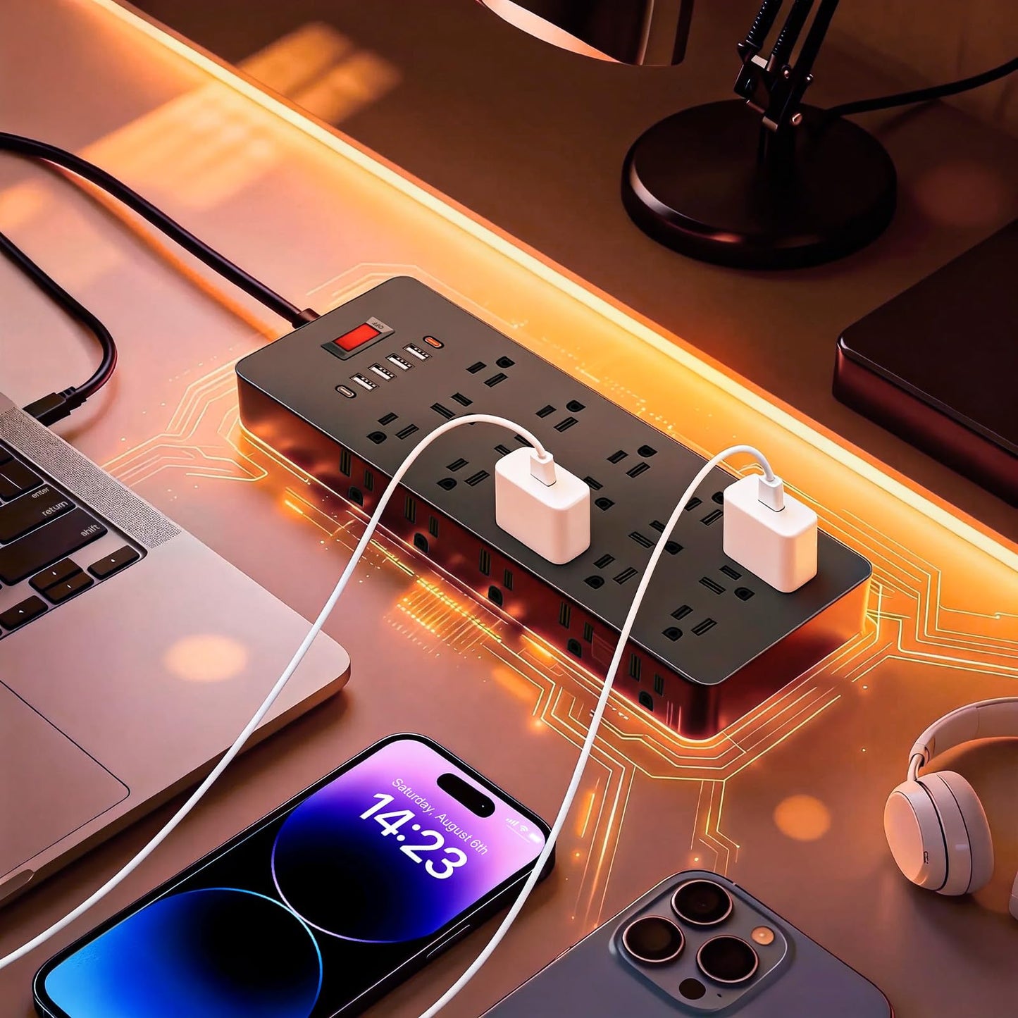 ZHANGONG 25-Outlet Power Strip Surge Protector with 6 USB Ports (2 USB-C) & Flat Plug, 2000 Joules, 6.5 Ft Extension Cord for Multiple Devices