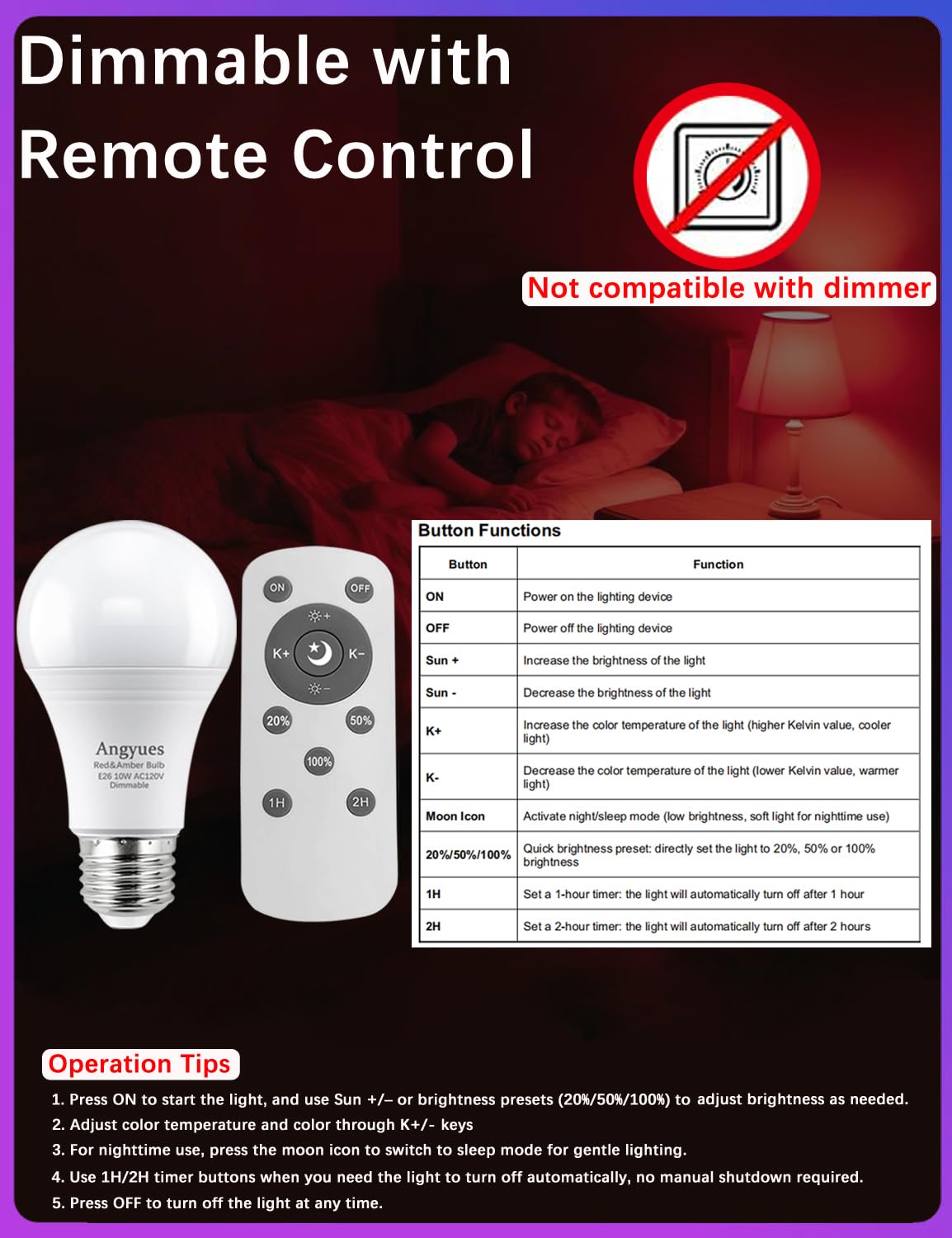 Angyues Red and Amber Sleep Bulb with Remote Control Choose 660nm Red Light or 1800K Amberlight,Timer Function, 10W Blue Light Blocking A19 Bulb, E26