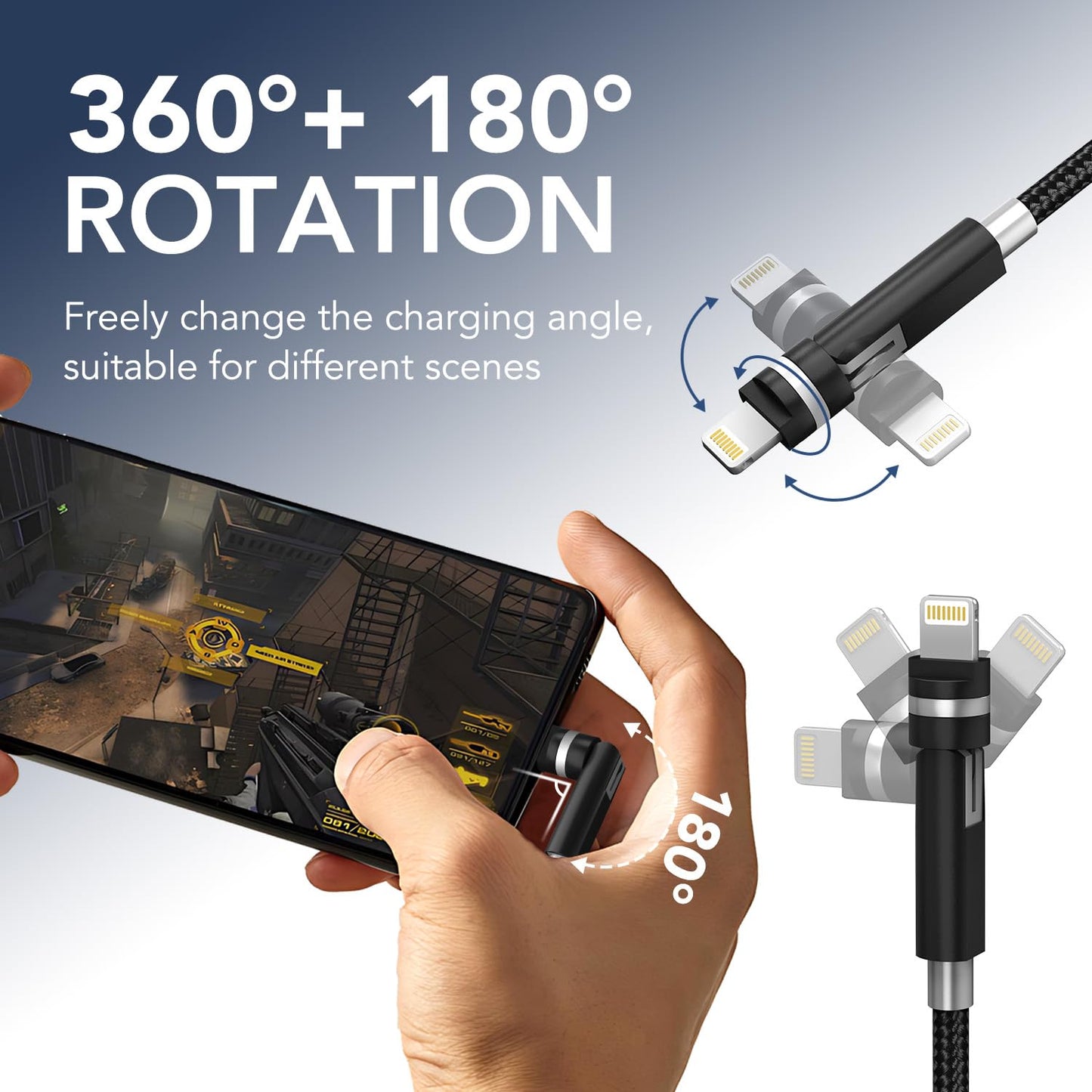90 Degree Lightning Cable with 360 Rotating Head - 6.6FT MFi Right Angle Nylon Braided iPhone Charger Cord with 2.4A Fast Charge, Data Sync, CarPlay…