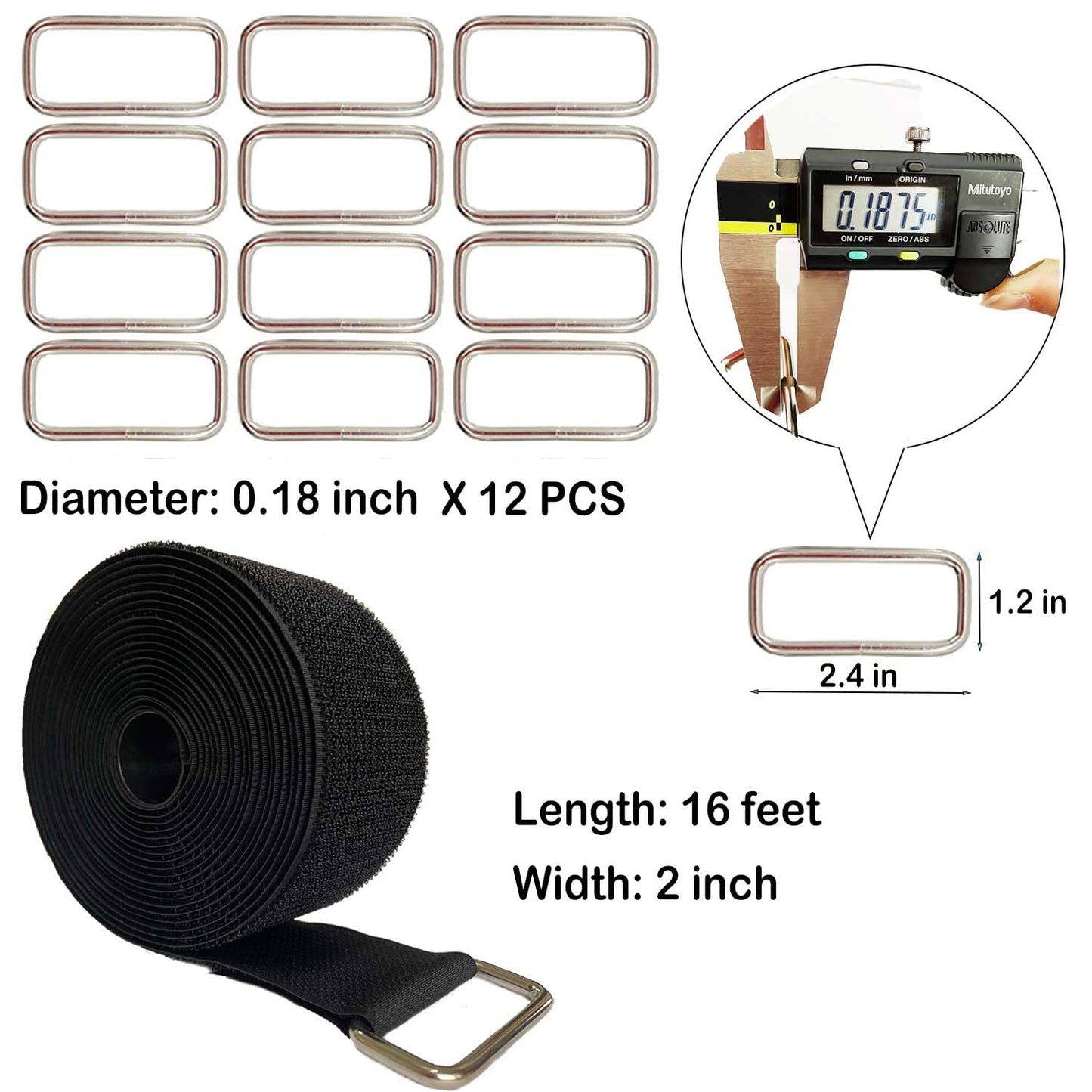 Wide 2" ×16 Ft Long Hook and Loop Cable Straps with 12 Heavy Metal Buckles, Adjustable Nylon Tie Down Straps,Free Cut Length and Width, Reusable