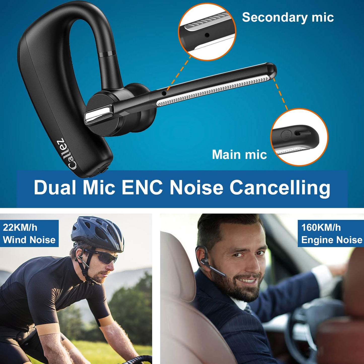 Callez Bluetooth Headset for iPhone Android Cell Phone, Bluetooth Earpiece V5.0 with CVC8.0 Dual Mic Noise Cancelling & Mute/Volume Buttons