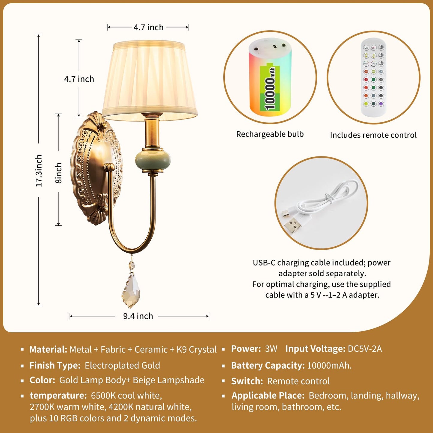 Wireless Battery Operated Antique Brass Wall Sconces Set of 2, 10000mAh Rechargeable Gold Crystal Vintage Fabric Shade Wall Lights with Bulbs