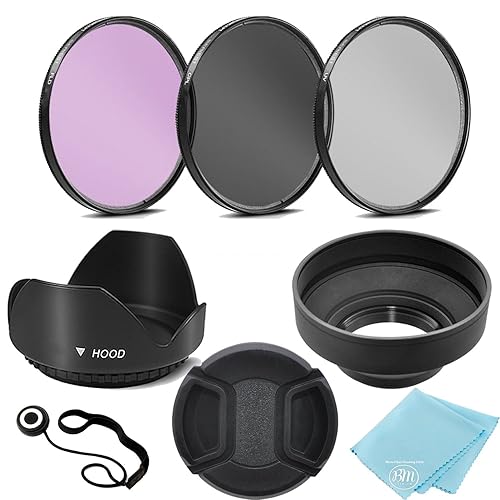 3 Piece Filter Kit (UV-CPL-FLD) + Tulip Lens Hood + Soft Rubber Hood + Lens Cap + for Select Canon, Nikon, Sony, Olympus, Panasonic, Fuji, Sigma SLR