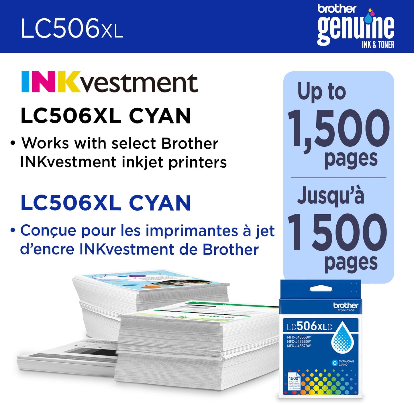 Brother Genuine LC506XLC High Yield Cyan Ink Cartridge (for use INKvestment 4355, 4555, and 4557 Printers)
