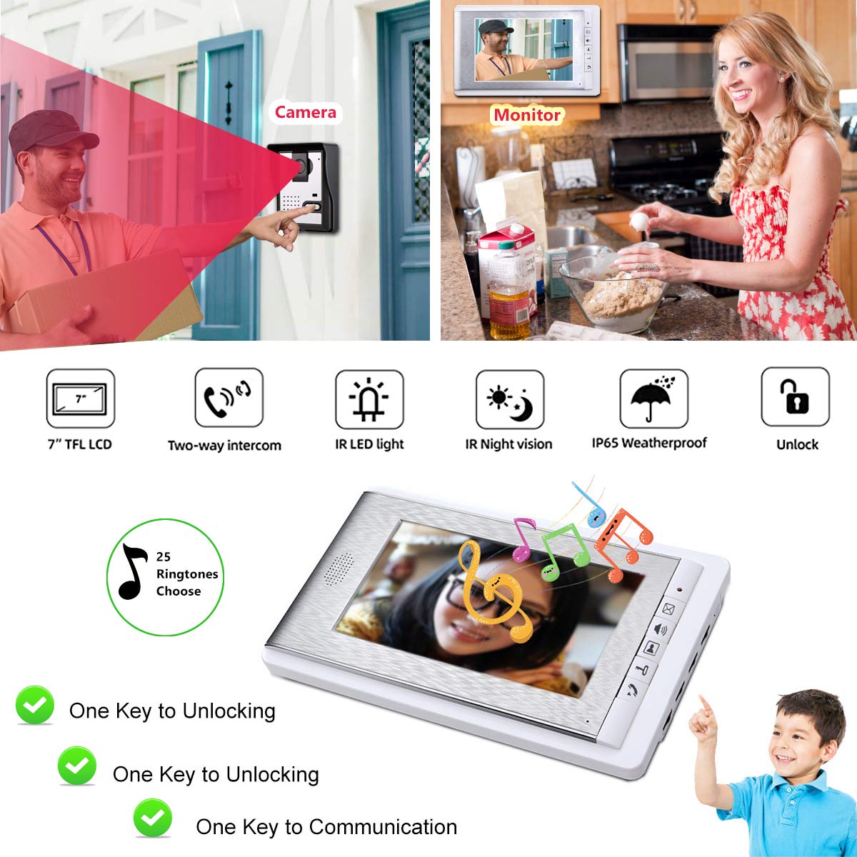 AMOCAM Wired Video Intercom Doorbell System, 3PCS 7-Inches LCD Monitor HD Camera Video Door Phone Doorbell Kits, Support Monitoring, Unlock, Dual-Way