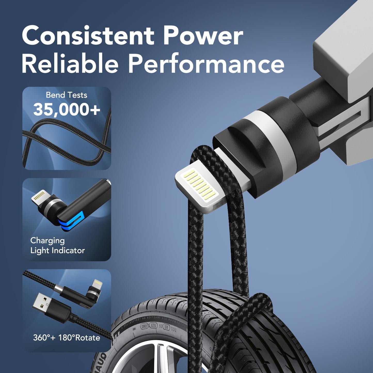 90 Degree Lightning Cable with 360 Rotating Head - 6.6FT MFi Right Angle Nylon Braided iPhone Charger Cord with 2.4A Fast Charge, Data Sync, CarPlay…