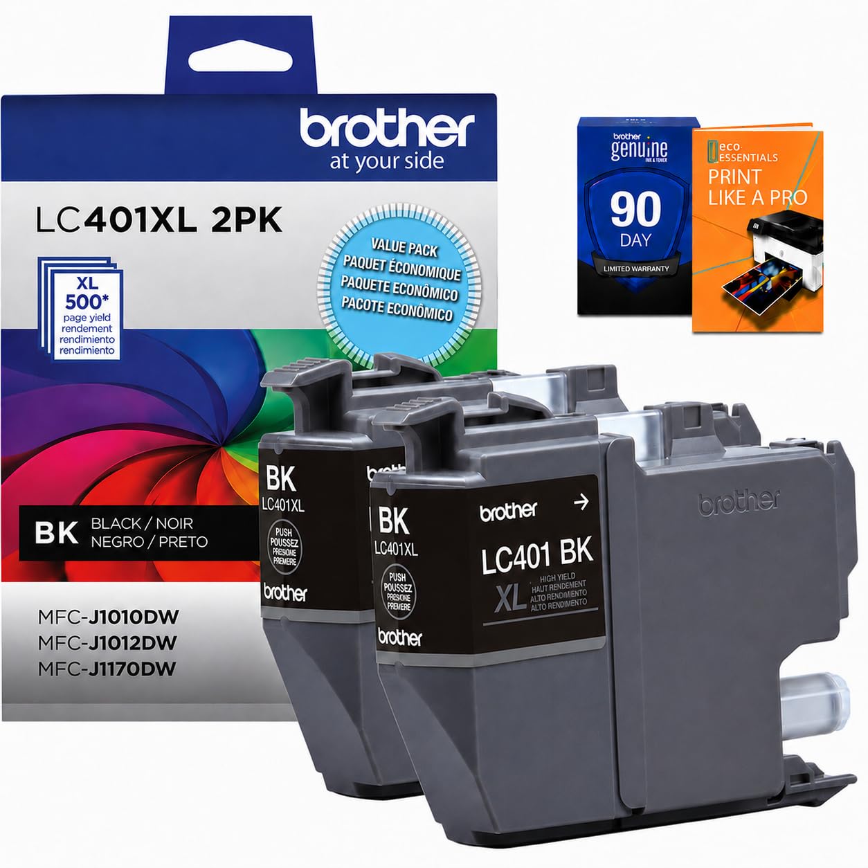 Brother Genuine LC401XL 2-Pack Black High Yield Ink Cartridge, Bundle with Deco Essentials Printer eBook for MFC-J1010DW, MFC-J1170DW