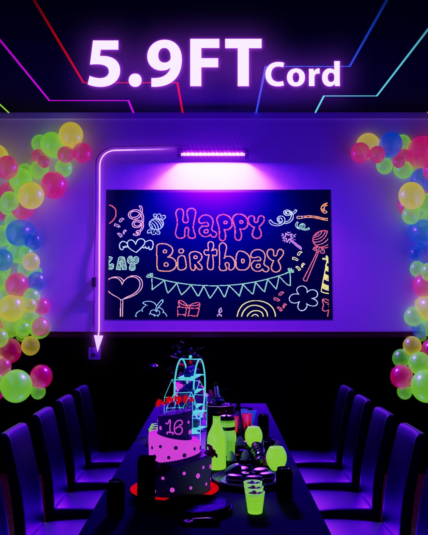 3 Pack 42W LED Black Light Bar, Blacklight Flood Light with Plug & Switch & 5.9ft Power Cord, Each Light Up 24x24ft Area, for Glow Fluorescent Party