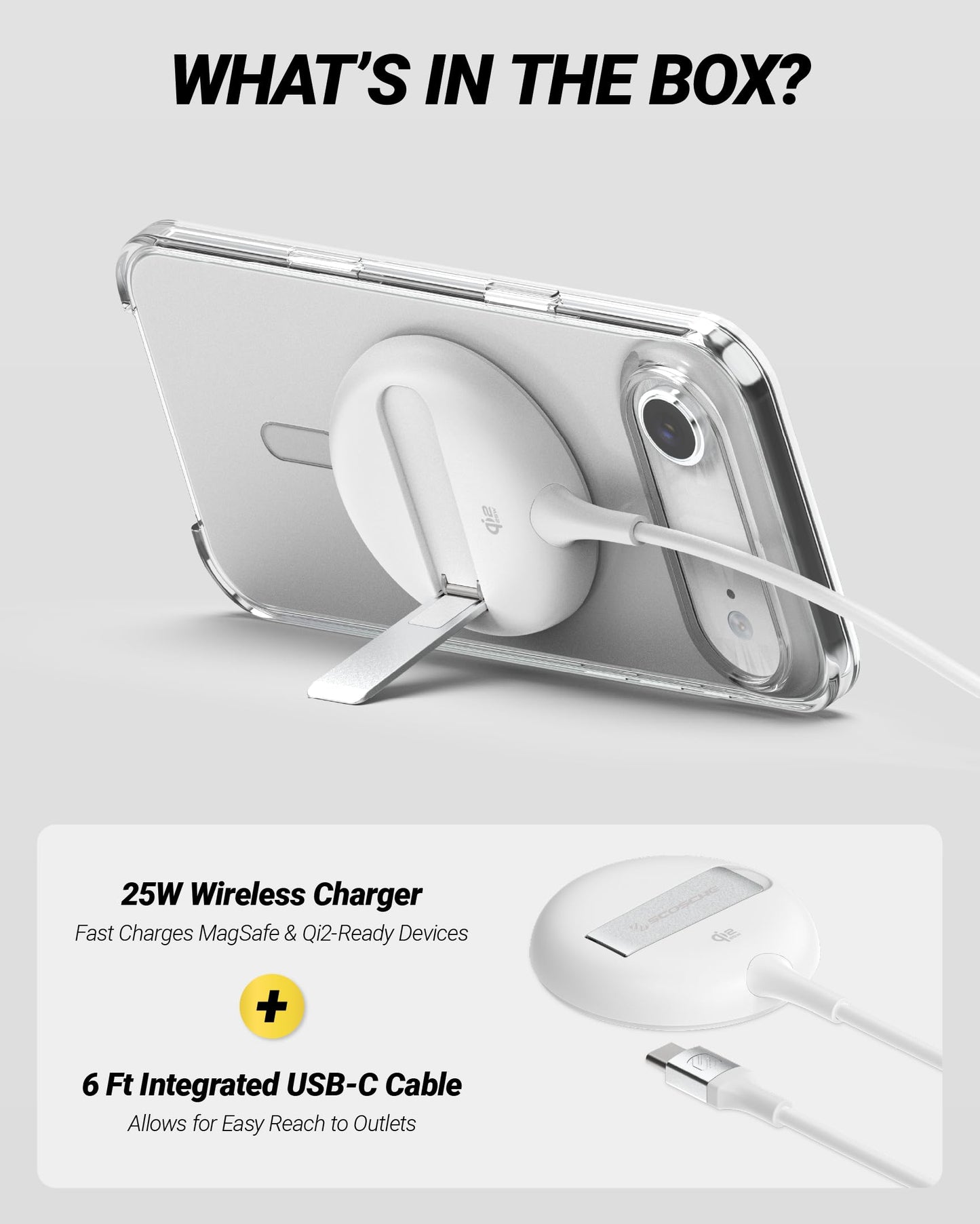 Scosche 25W Qi2 MagSafe Wireless Charger with Kickstand, Magnetic Fast Wireless Charging Pad with 6ft USB-C Cable for Hands-Free Viewing, Compatible