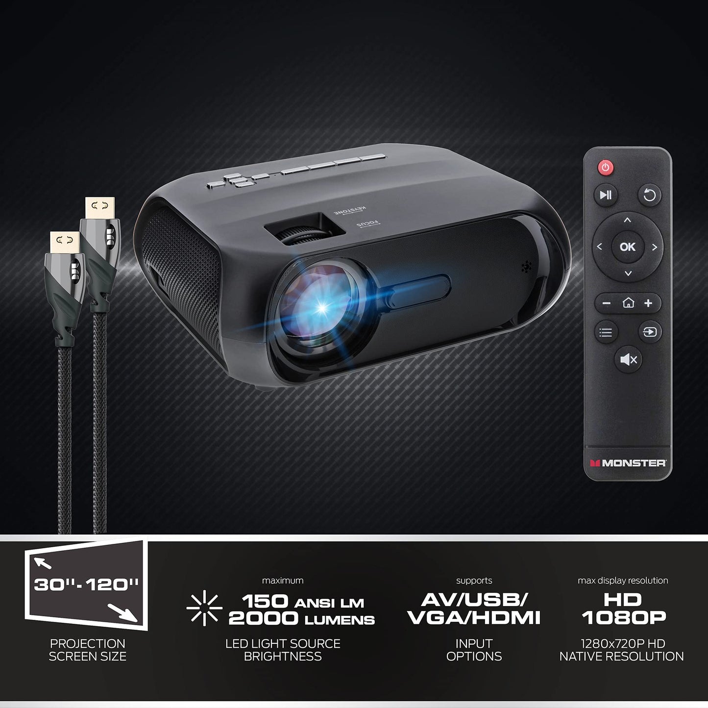 Monster Image Pro Extra-Bright LCD Projector, 2000 Lumens, Projects Up To 16ft, Max Resolution: 1080 HD, Universal Image/Audio/Video Support