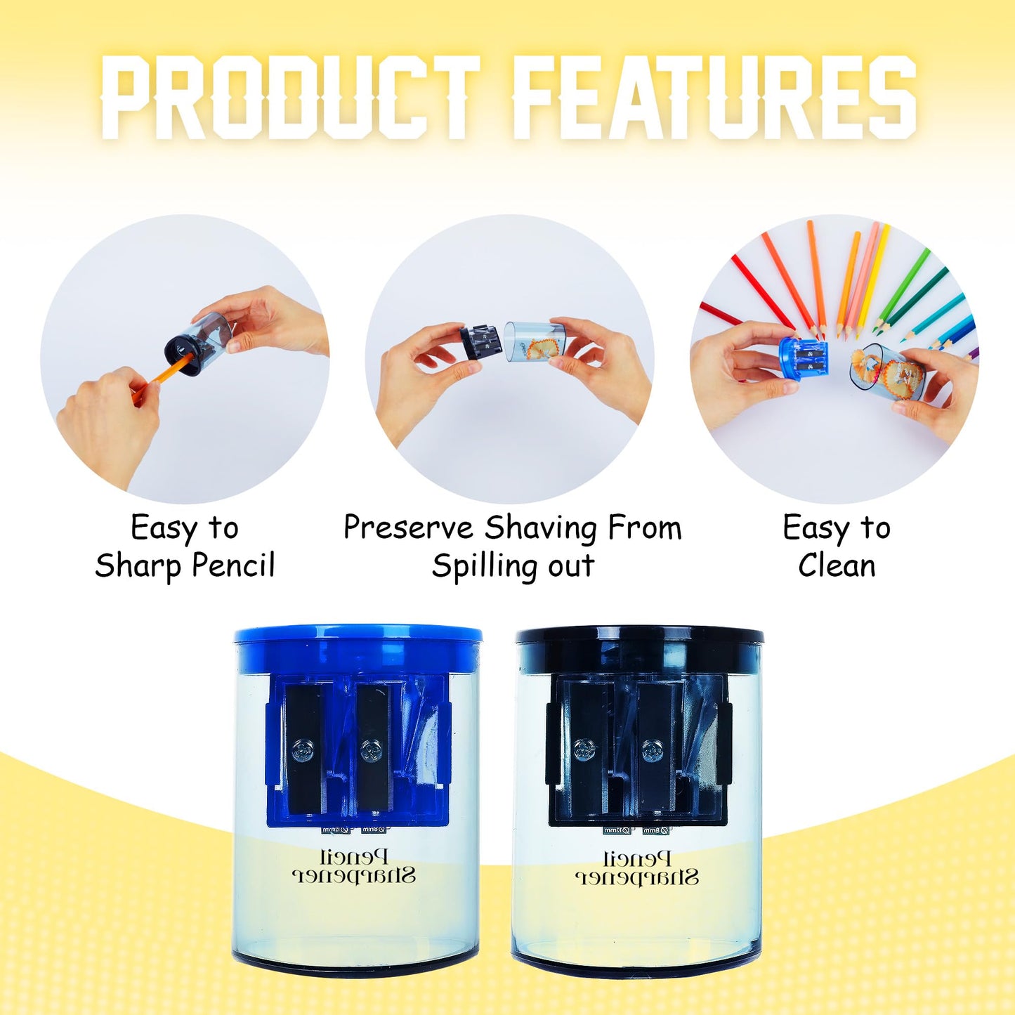 Manual Pencil Sharpener - 2 Pcs Dual Hole Premium Quality Pencil Sharpeners for Standard & Large Sized Pencils - Handheld Pencil Sharpener for Kids