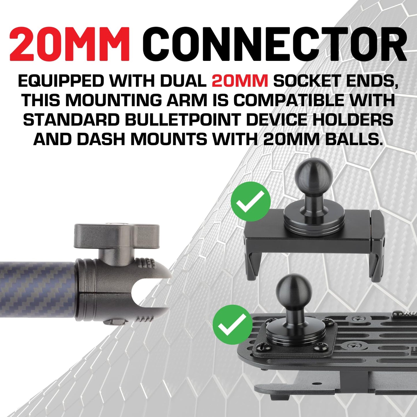Bulletpoint Mounting Solutions Dash Mount 10cm Arm Compatible with iPhone and Android Smartphones - Fits 20mm Attachment Ball (Carbon Fiber + Kevlar)