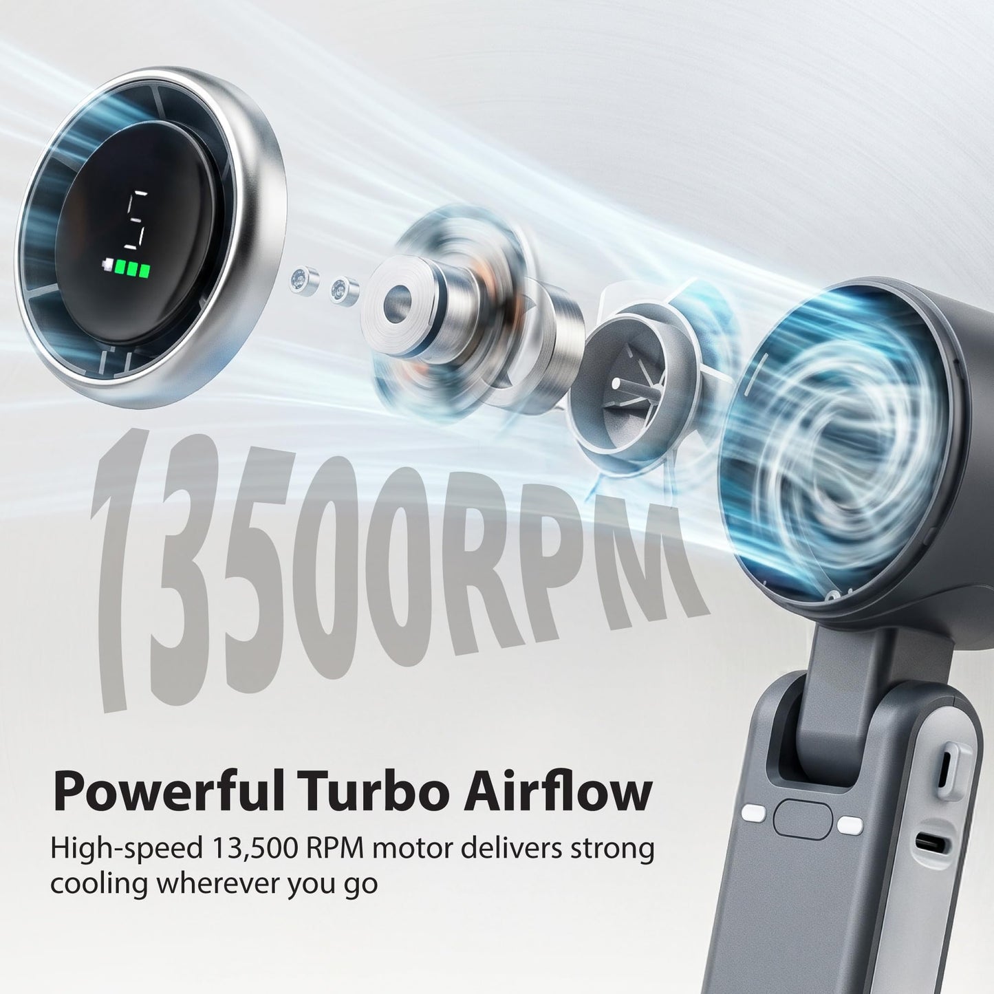 FosPower Mini Foldable Turbo Fan 13500RPM 3600mAh 5-Speed Black