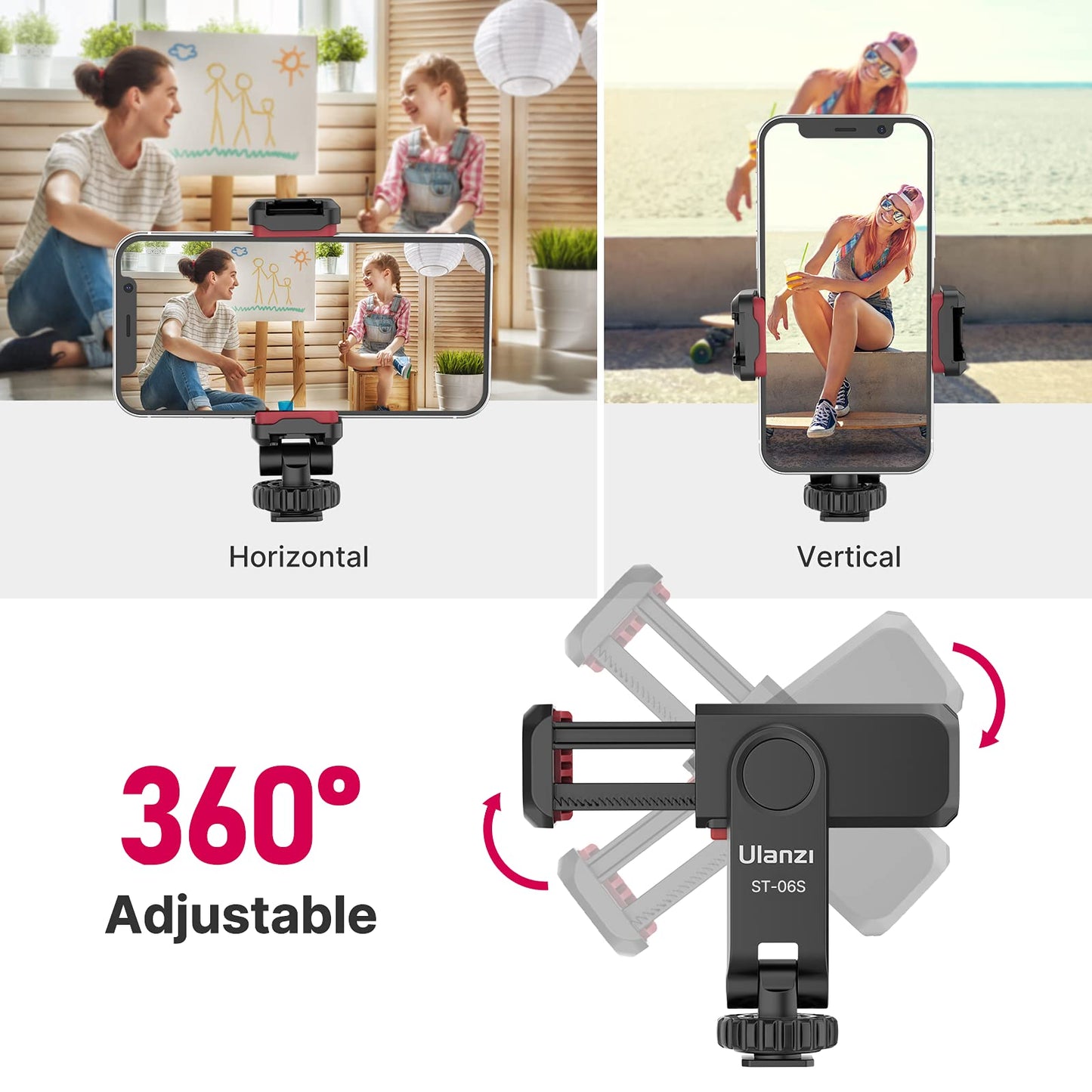 ULANZI ST-06S Phone Tripod Mount, Universal Smartphone Mount Adapter with 2 Cold Shoe, 360° Rotates Adjustable Cell Phone Clip Clamp Holder