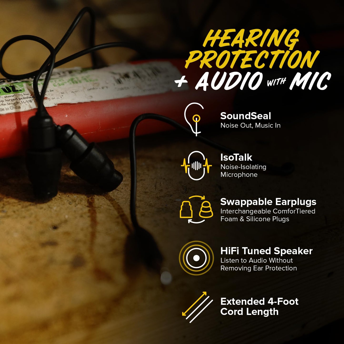 Plugfones Guardian Plus in-Ear Earplug Earbud Hybrid - Noise Reduction in-Ear Headphones with Noise Isolating Mic and Controls (Black)