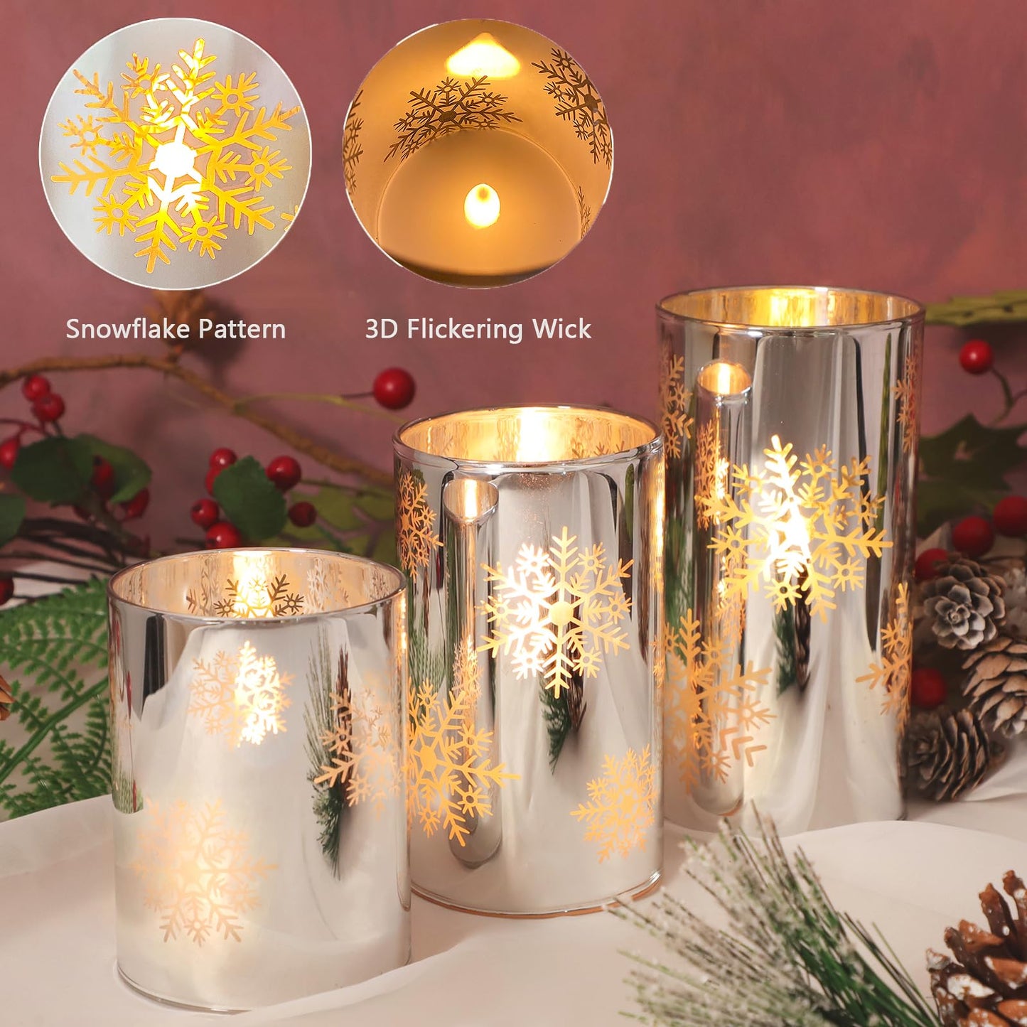 FLAVCHARM Snowflake LED Flameless Candles with Remote and Timer, Electroplate Glass Candles Operated by Battery, Christmas LED Flickering Candles