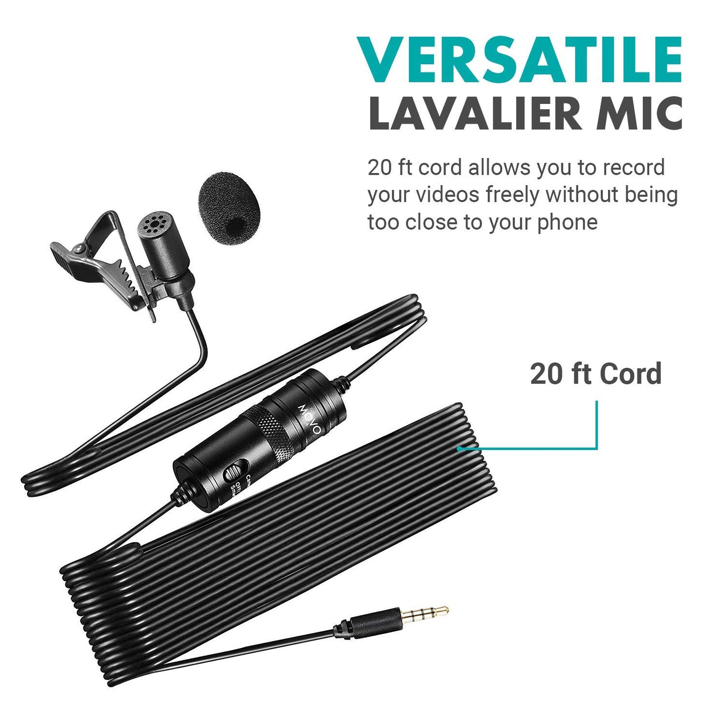 Movo LV1 Lavalier Lapel Clip on Microphone for Cameras, Camcorders and Smartphones Compatible with iPhone and Android Perfect Lav Mic for Filming