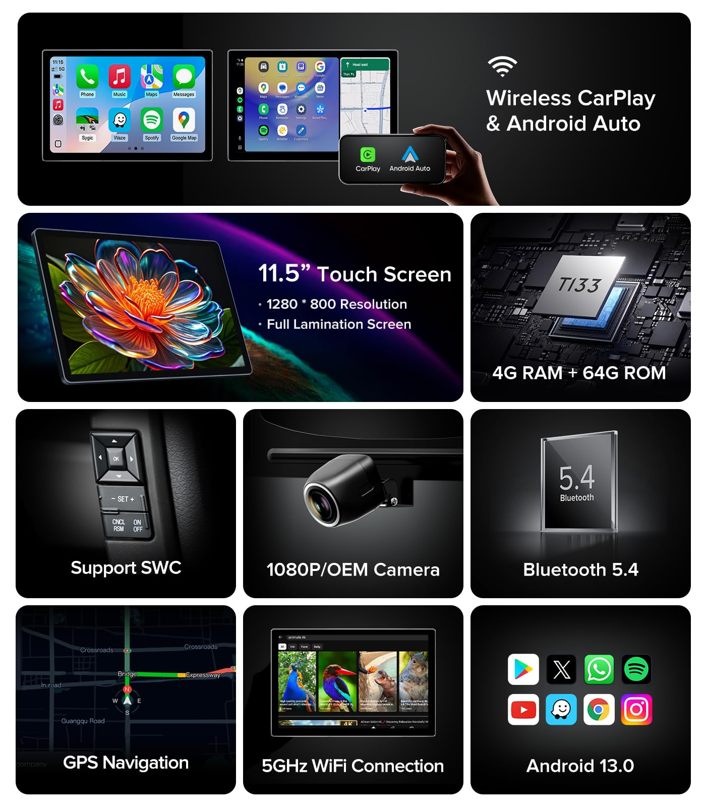 11.5''Car Radio for Chevy Silverado Radio GMC Sierra Stereo 2014-2018 with Wireless CarPlay & Android Auto/Android 13 /5G WiFi/TouchScreen/FM/AM/4GB