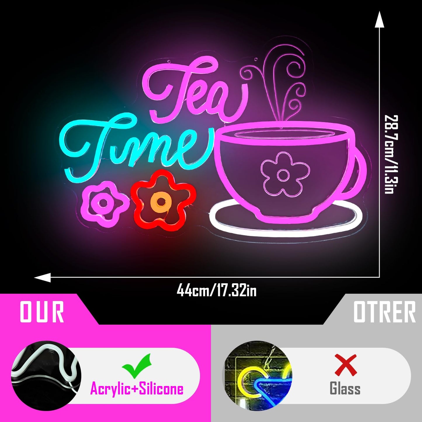 Lets Partea Neon Sign Dimmable Tea Time Party Decorations for Girls LED Garden Floral Teapots Teacups Light for Wall Decor Princess Tea Party