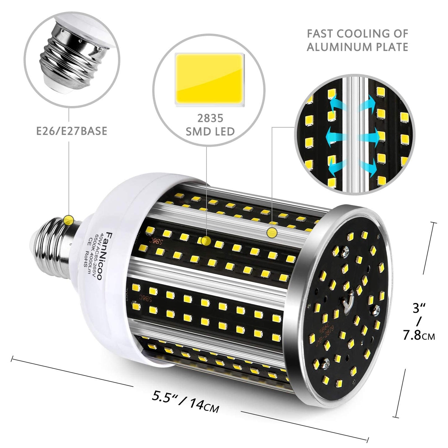 LED Corn Light Bulb 2 Pack 280W Equivalent Cool Bright Daylight White 40W 6500K 4000 Lumen E26/E27 Medium Base New Corn Shape 360°Beam Angle