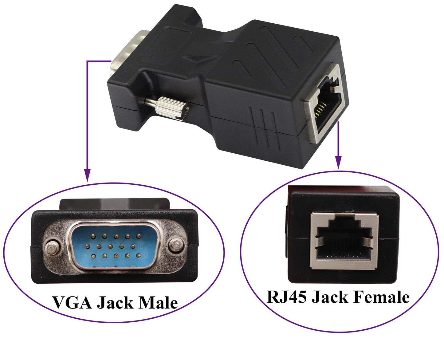 AAOTOKK VGA to RJ45 Adapter,RJ45 Female to VGA 15-Pin Male Port Cat5 Cat6 Cat7 Ethernet Support 720P, 1080I, 1080P Video Transmission for Multimedia