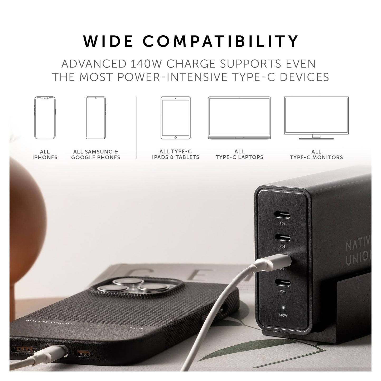 Native Union Fast GaN Charger PD 140W - 4-Port Power Delivery 3.1 Desktop Charging Station with Desk Stand - for MacBook Pro, iPads, iPhones, Pixel
