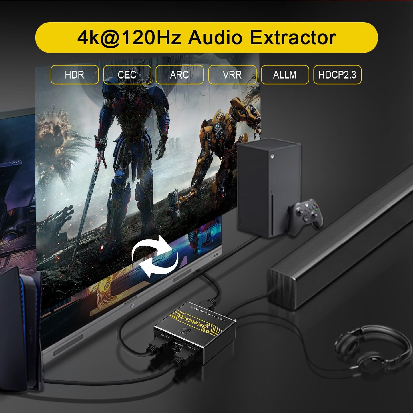 8K@60Hz 4K@120Hz HDMI2.1 Audio Extractor 2 in 1 Out Switch,48 Gbps,HDCP 2.3, SPDIF 5.1Ch,L/R 2.1Ch,Supports,ARC TV Apps,VRR,ALLM,HDCP Bypass,HDR,Dolby