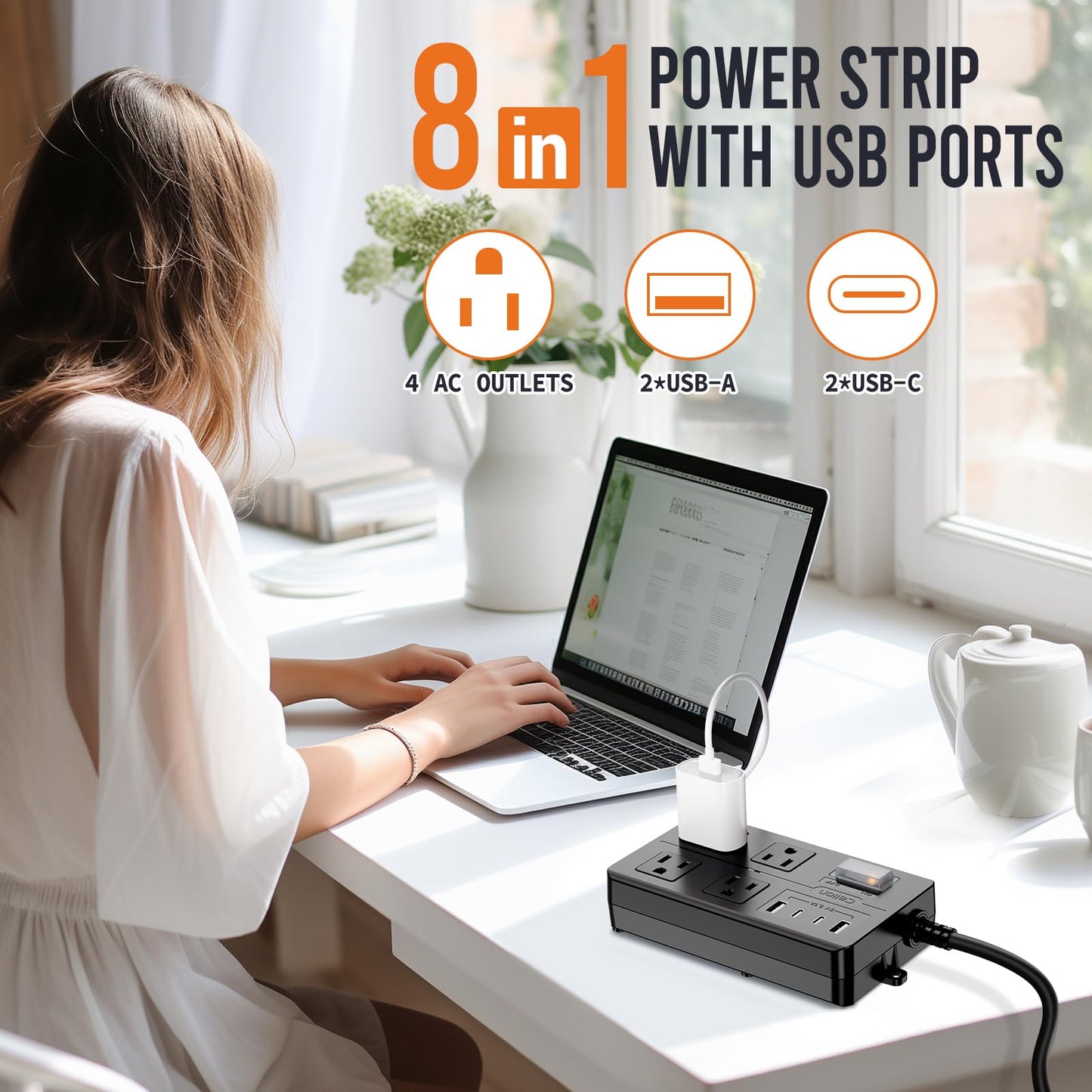 15FT Outdoor Waterproof Power Strip Surge Protector with 4AC Outlets 4USB Ports Power Switch Safety Lock, ETL Certified for Patio Garden Charging
