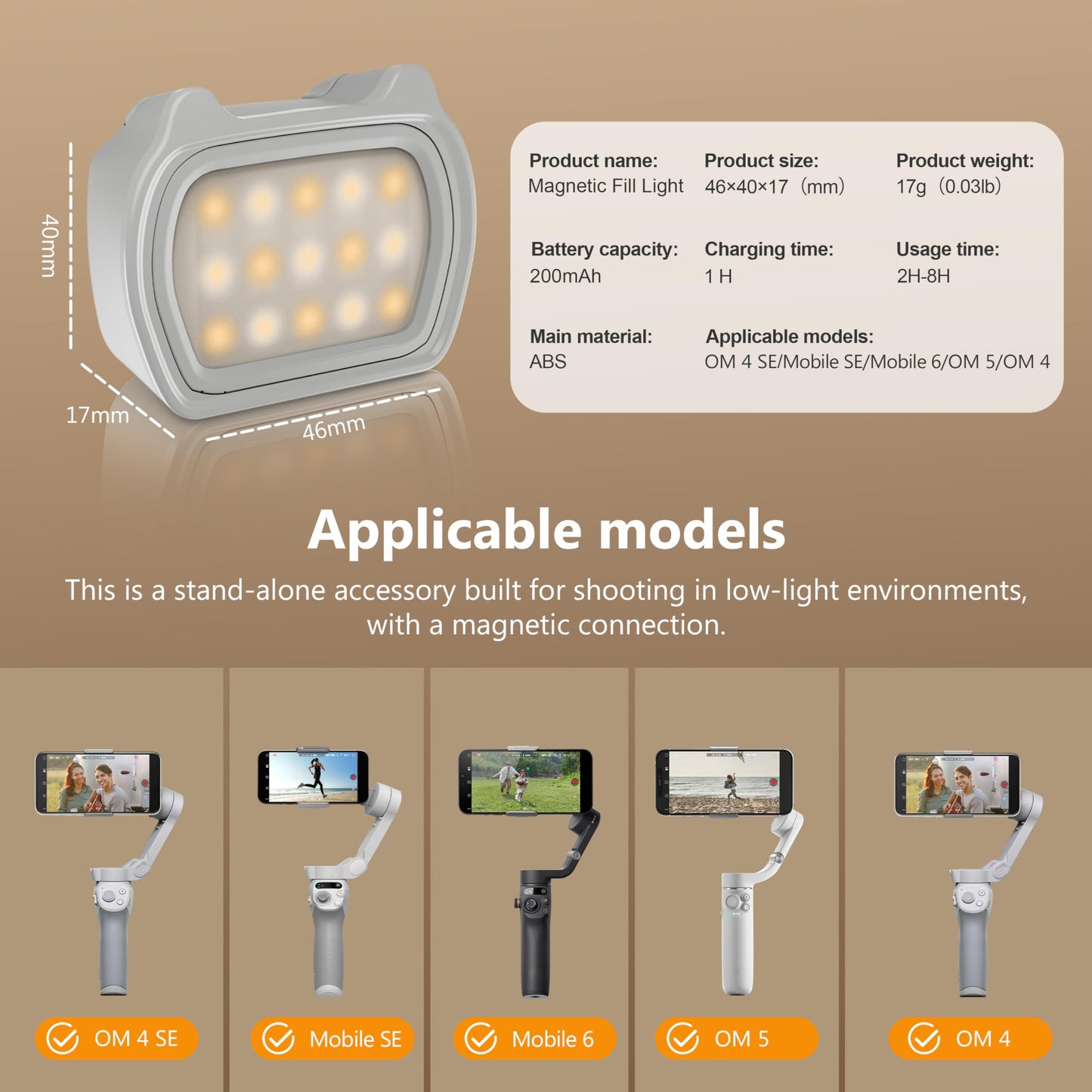 Magnetic Fill Light for DJI Osmo Mobile 8/7P/7/6 Accessories,3 Color Modes Compatible with DJI Osmo Mobile 8/7P/7/6/5/4/SE Gimbal Stabilizer