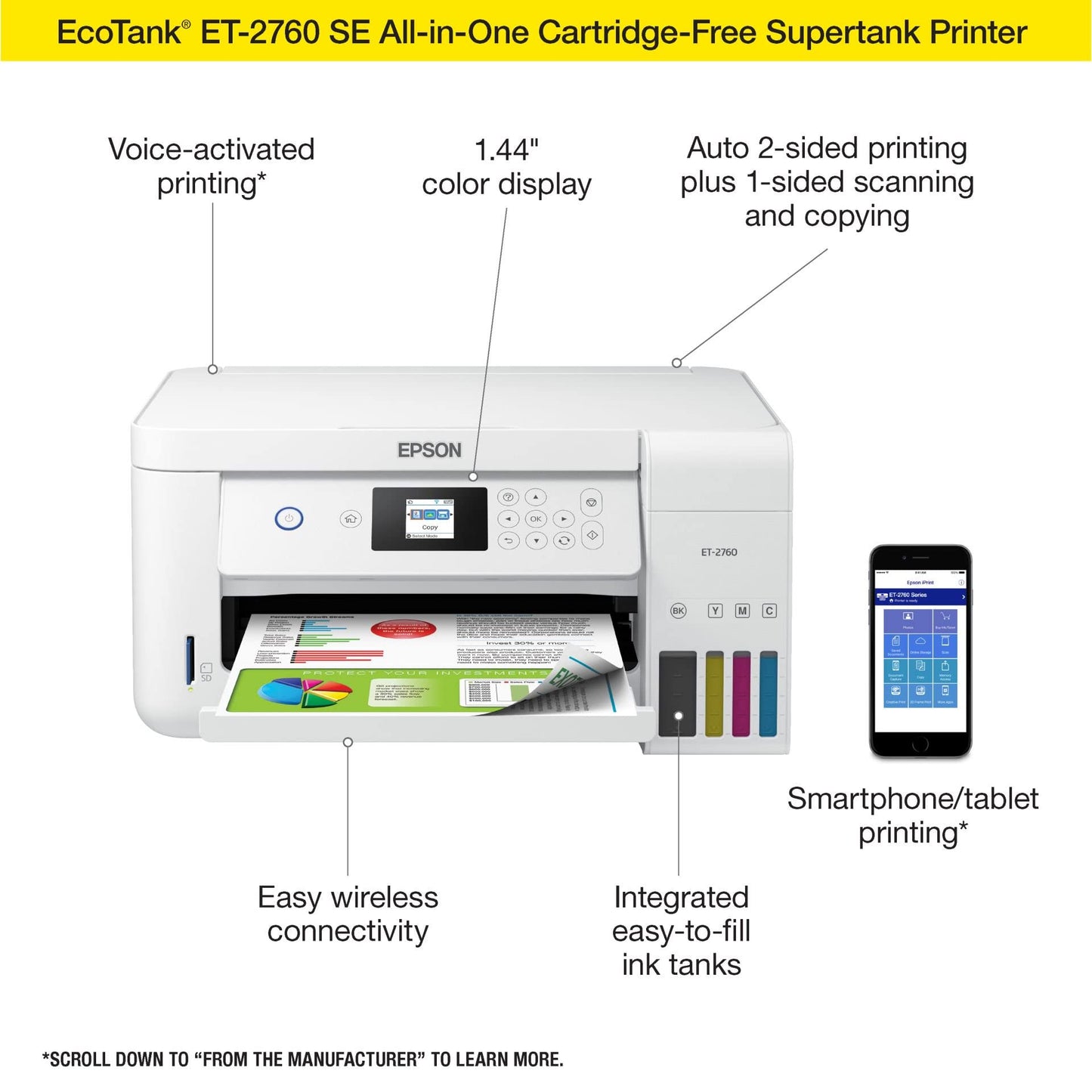 Epson EcoTank ET 2760 Wireless Color Inkjet Cartridge-Free All-in-One Supertank Printer, Mobile Print, Copy Scan, Auto 2-Sided Printing, Voice