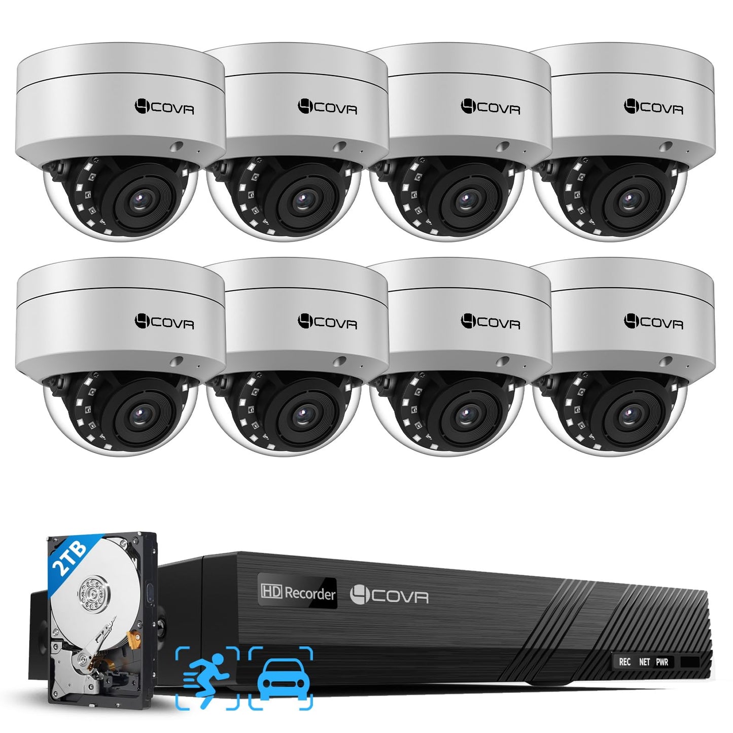 4COVR PoE Security Camera System, 8X 5MP IK10 Vandal-Proof IP67 Dome IP Camera with Audio, 8CH 4K NVR 2TB HDD, AI Human Vehicle Detection & Night