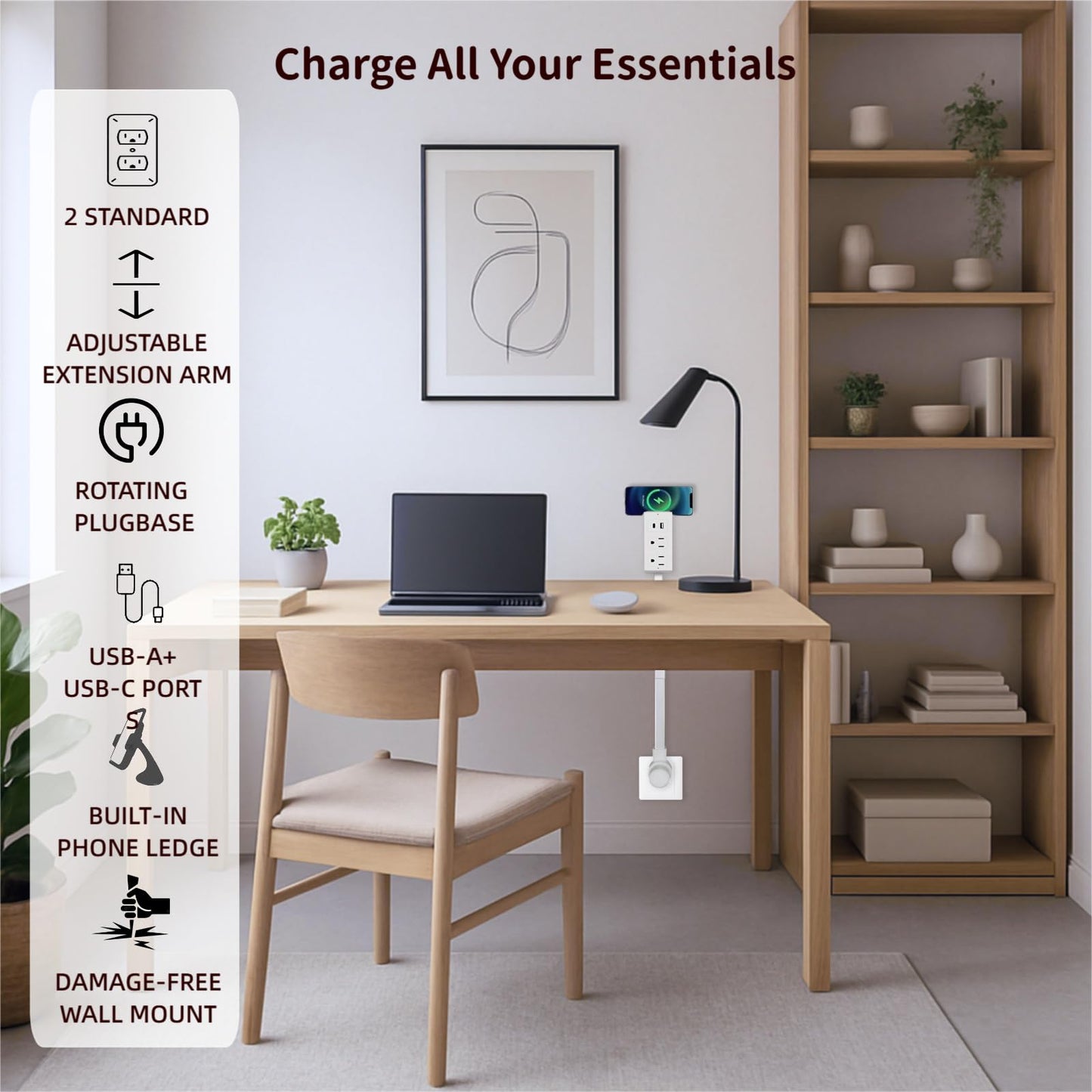 Extendable Power Strip with USB-A & USB-C, 2 Outlet Plug Extender with 180° Rotatable Plug, 22-27 Inch Retractable Outlet Extender Cord