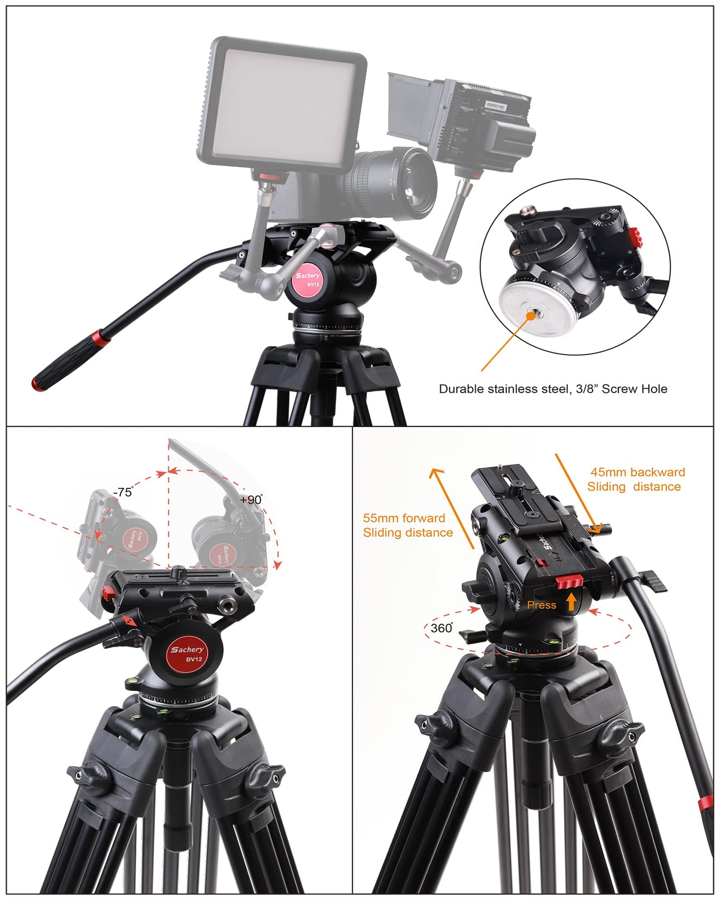 BV12T Professional Heavy Duty Video Tripod System, Aluminum Twin Tube and 360 Degree Fluid Head, Max Load 26.5 LB for DSLR Camera Camcorder