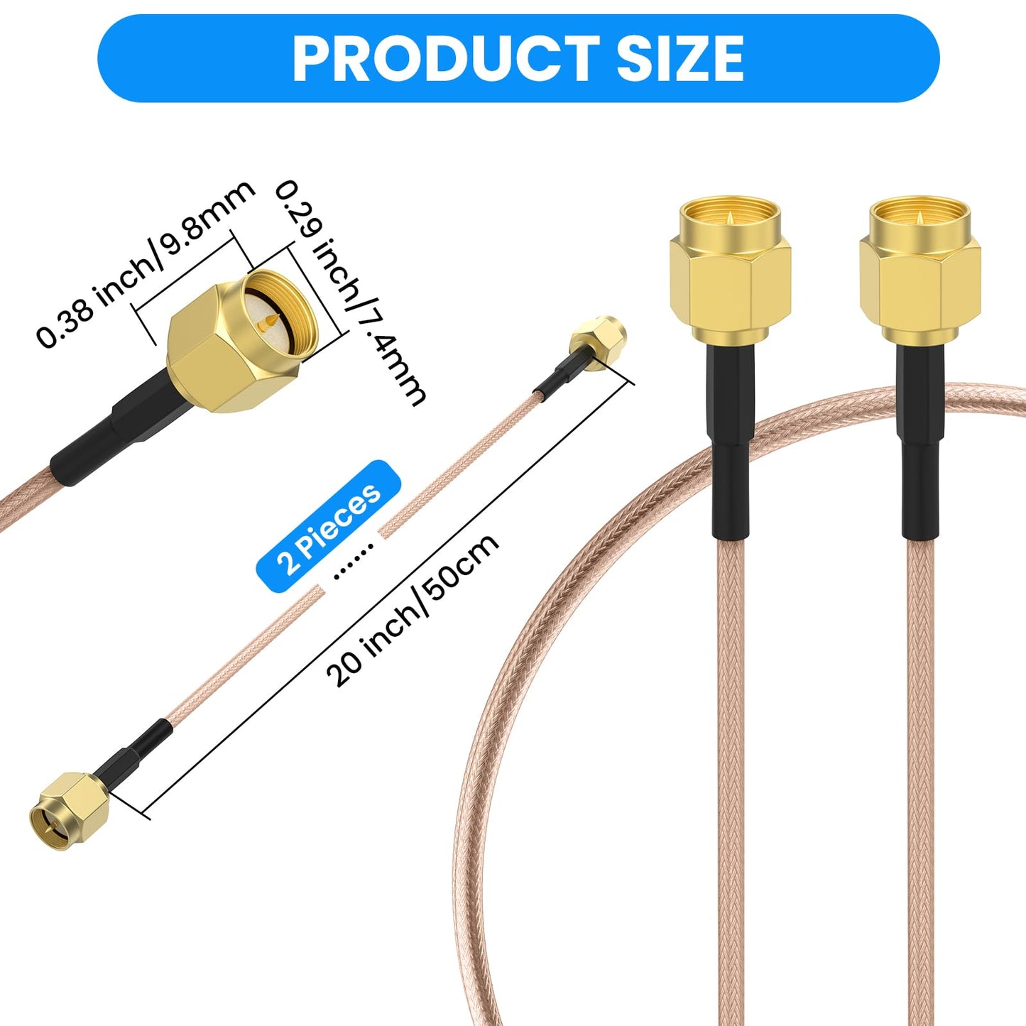 SDTC Tech 2pcs SMA Male to SMA Male Coaxial Cable Antenna Extender Cable Adapter RG316 Coax Jumper Connector(20 inches)