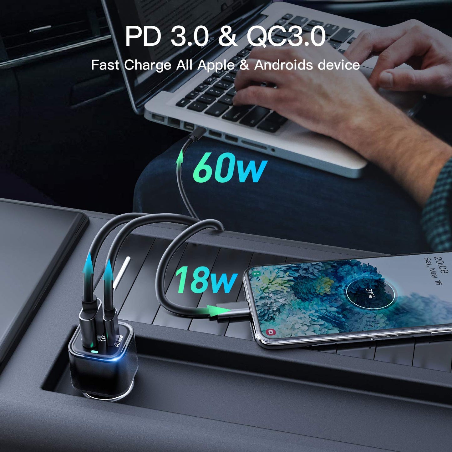 REXING JETSPEED Black 78W PowerDrive+ USB-C Car Charger, 2 Port QC3.0/PD3.0 for Dashcam/Android/iPhone/iPad/MacBook/Windows Fast Charge Dual Cigarette